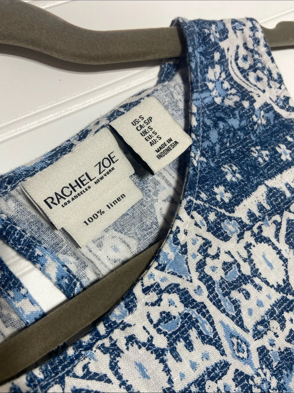 Rachel Zoe 100% Linen Trapeze Dress size M Blue White Geometric Print‎ Pockets